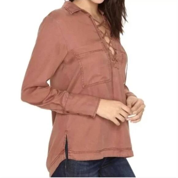 Free People Under Your Spell Tencel Blouse Long Sleeve Lace-Up Top Sz Small - Picture 1 of 8
